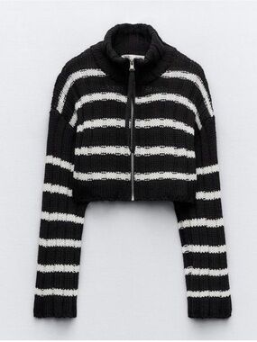 ZARA Sweaters - Zara Cropped Striped Knit Zip-Up - Black/Dark Navy & White